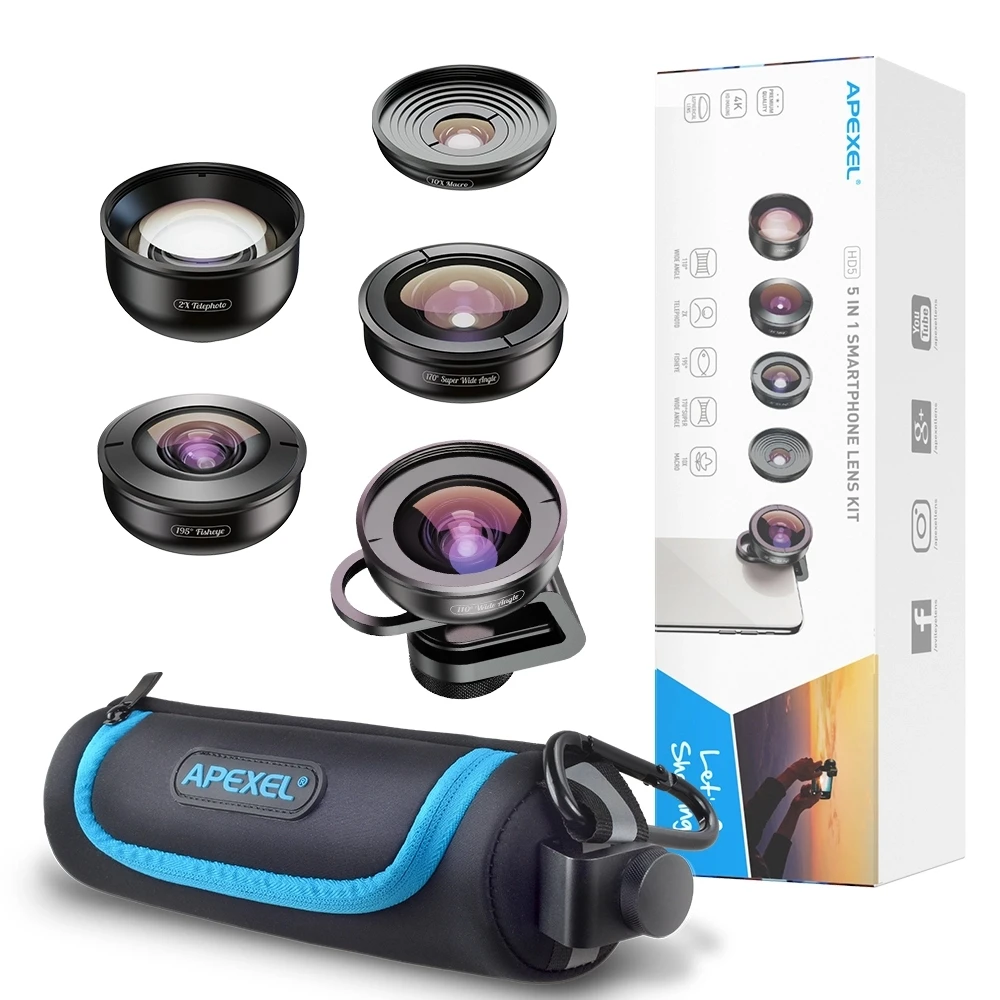 

Apexel Professional 4K mobile phone lens with Telephoto Fisheye Super Wide Angle Macro cell 6 in 1 lens kit for iPhone XS Max, Black