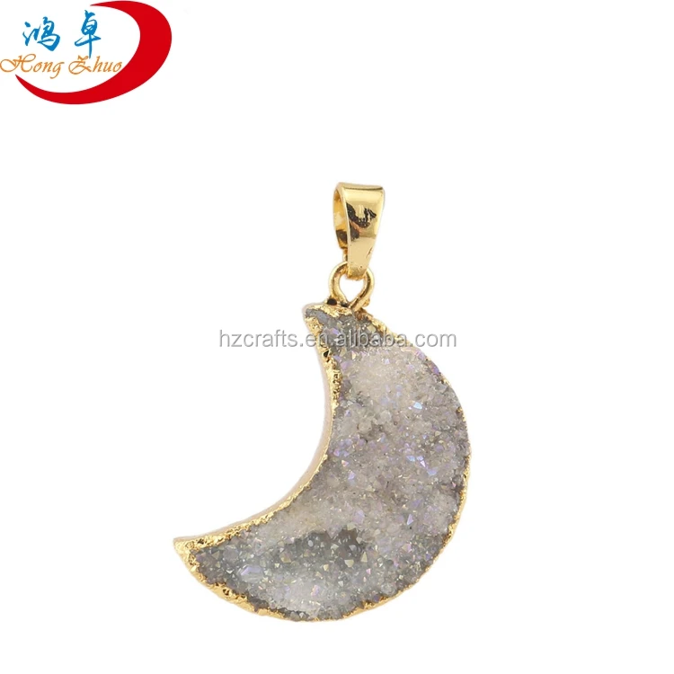 

Wholesale Fashion Jewelry Moon Shape Crystal Pendant with 24K Glod Plating Edge Geode Druzy Pendant, Natural stone color