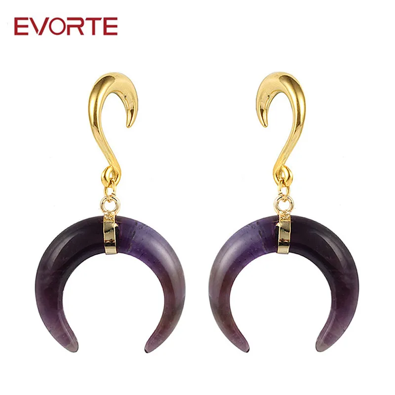 

Evorte Body Jewelry Moon Shape Amethyst Stone Ear Weights Hangers Gauges Plugs Stainless Steel Hooks for Piercings, Gold color