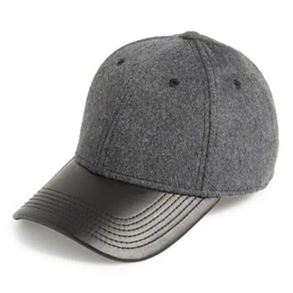 Custom Grey Wool No Logo Baseball Cap With Leather Brim Baseball Cap