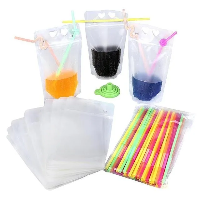 Stand Up Disposable Resealable Ziplock Clear Drink Pouch With Straw For