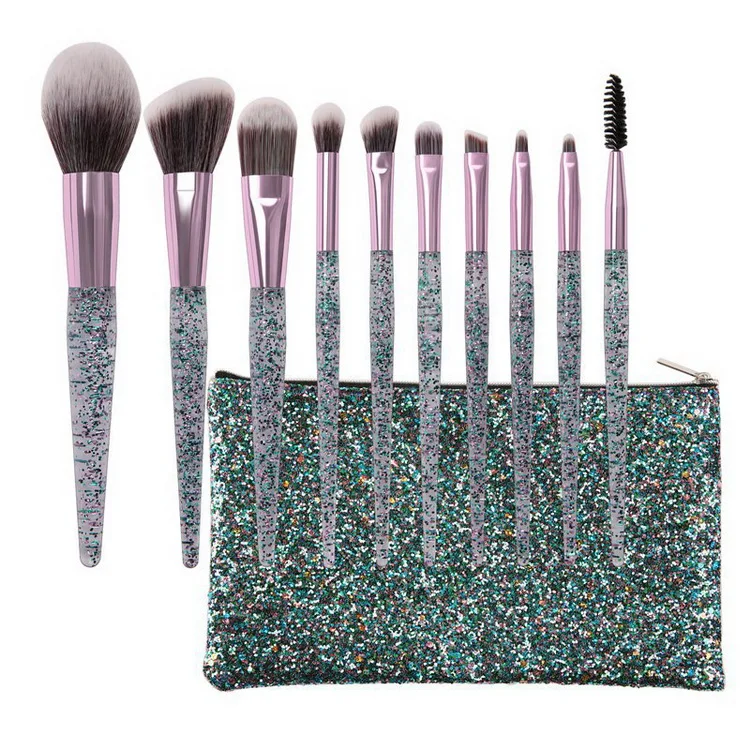 

Hot Selling 10 pcs New Makeup Brush Supplier Private Label Glitter Bag Makeup Brushes Set, As pics