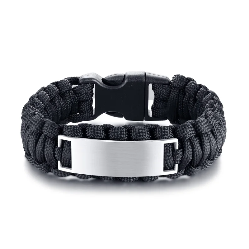 

Men black brown nylon rope survival paracord parachute rope bracelet with custom letter stainless steel ID bangle, As the picture