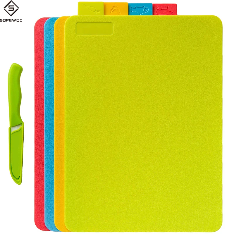 

Hot sale 4 pieces set kitchen flexible plastic folding chopping cutting board mats, Blue,red, yellow,green