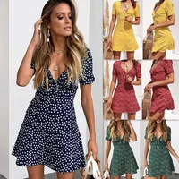 

Hot Sale Cute Bow Tie Short Sleeve Deep V-Neck Ladies Girls Party Dresses Women Summer Clothes