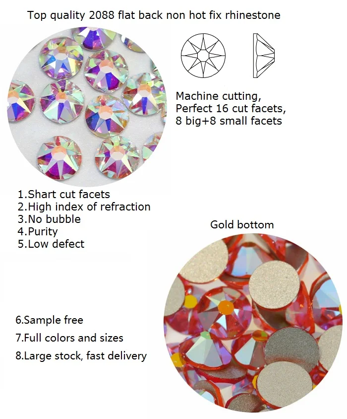 Oleeya Wholesale Best Quality 2088 16 Cuts Facets Flatback Non Hotfix Nail Rhinestone for Nails Art Decoration