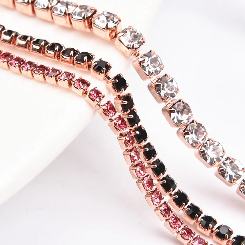 

close cupchain ss6-ss16 bling crystal rhinestone Rose Gold cupchain sew on claw chain for garment trim, Crystal and plating rose gold