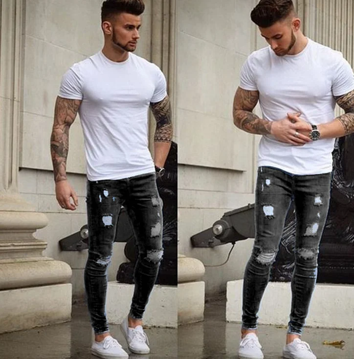 2019 New Fashion Ripped Jeans Men Patchwork Hollow Out Printed Beggar Cropped Pants Man Cowboys Demin Pants Male Dropshipping