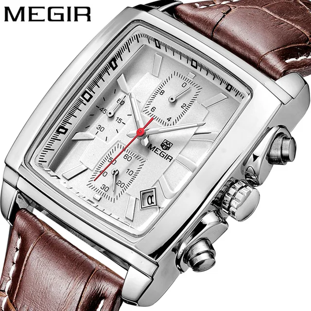 

Luxury Watch Megir 2028 Genuine Leather Strap Quartz Wristwatch Square Watch for Man