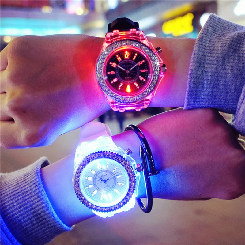 

Luminous Watch women LED digital watch men waterproof 30m Colorful glow with silicone strap flashing watch, White;black