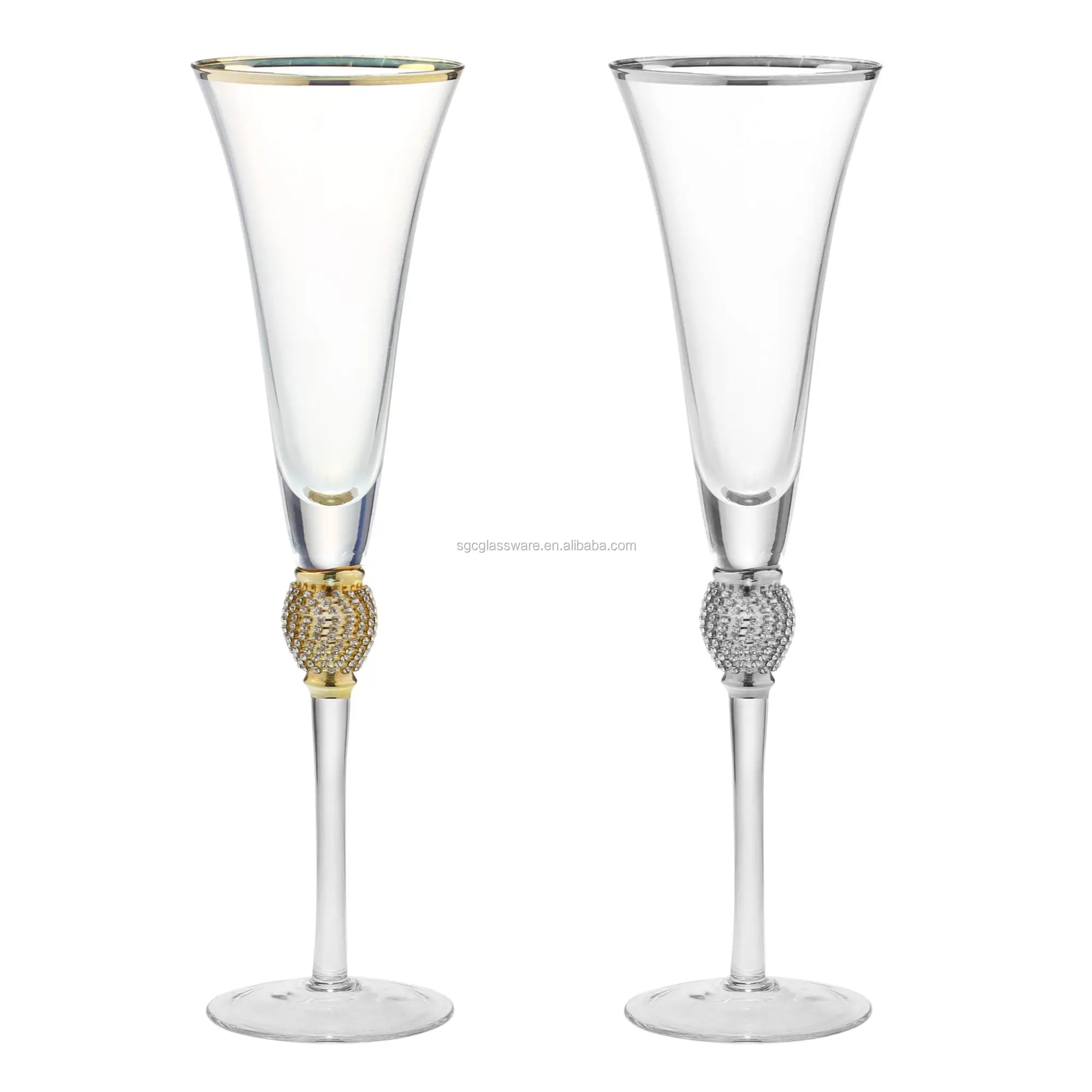 Gold And Silver " Diamond " Long Stem Champagne Flute Glass With Gold