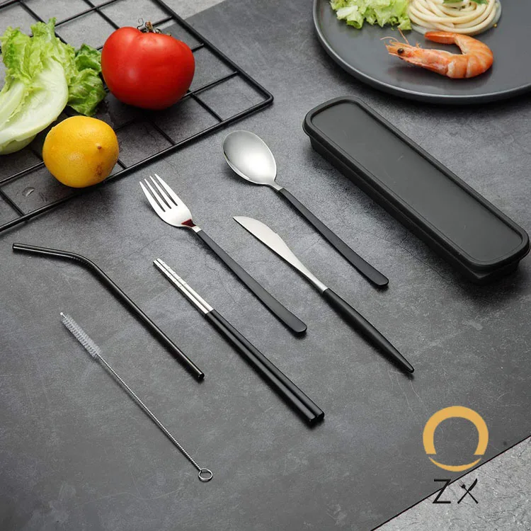 Reusable Portable Flatware Fork And Spoon Chopsticks metal stainless steel straw Camping Travel Cutlery Set With Case