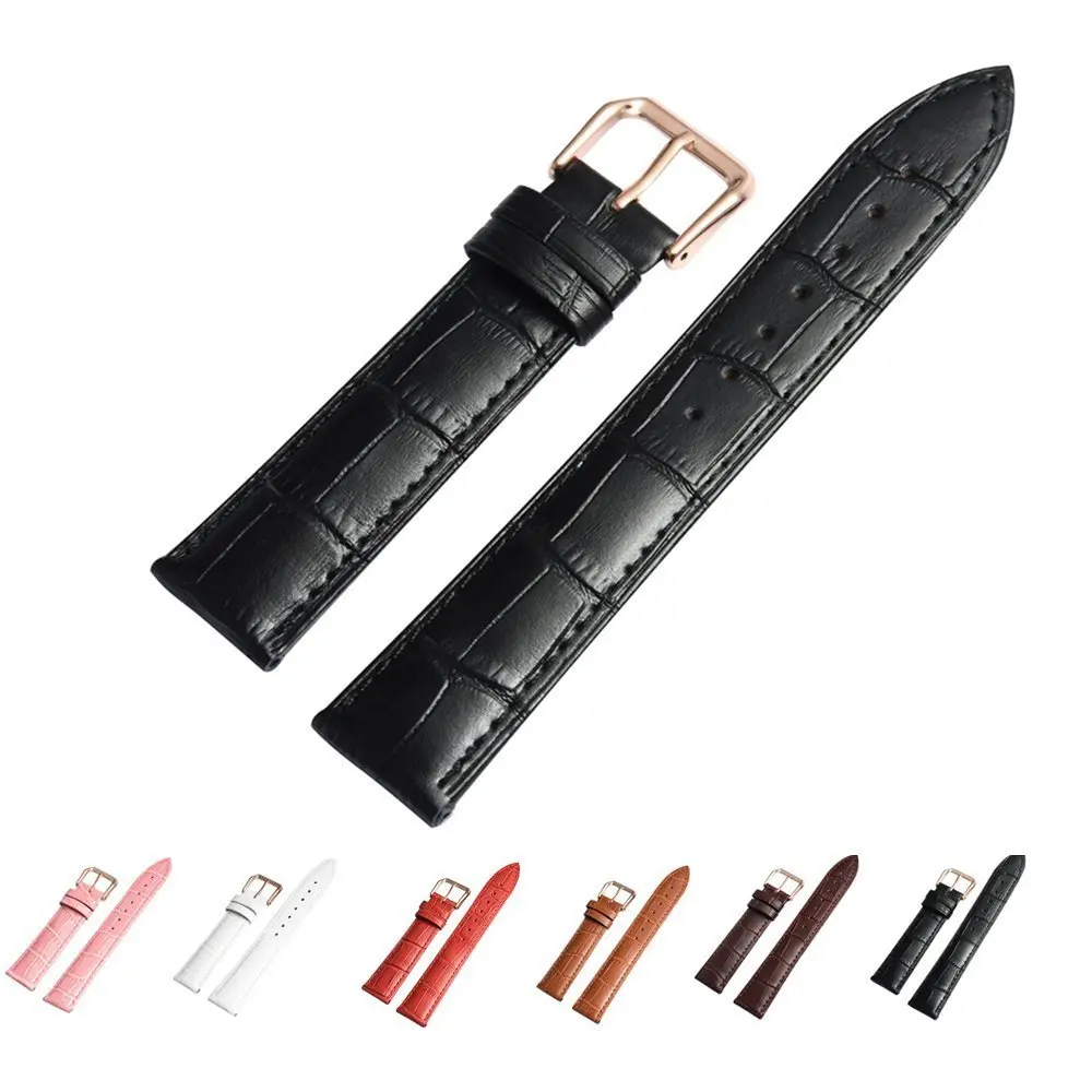 Leather Watch Band With Rose Gold Watch Buckle Choices Of Color & Width (18mm,20mm Or 22mm