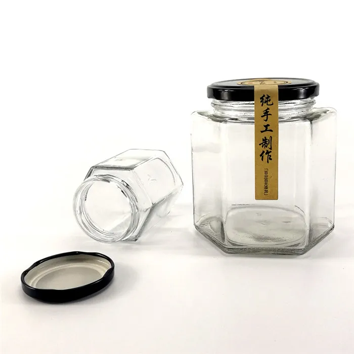 

Factory direct sales hexagonal square honey jam jar glass with metal cap, Clear or customize color