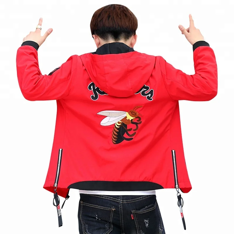 

In-Stock Little Bees Embroidered Men Hip Hop Hooded Jackets Plus Size Windbreaker, Black;red