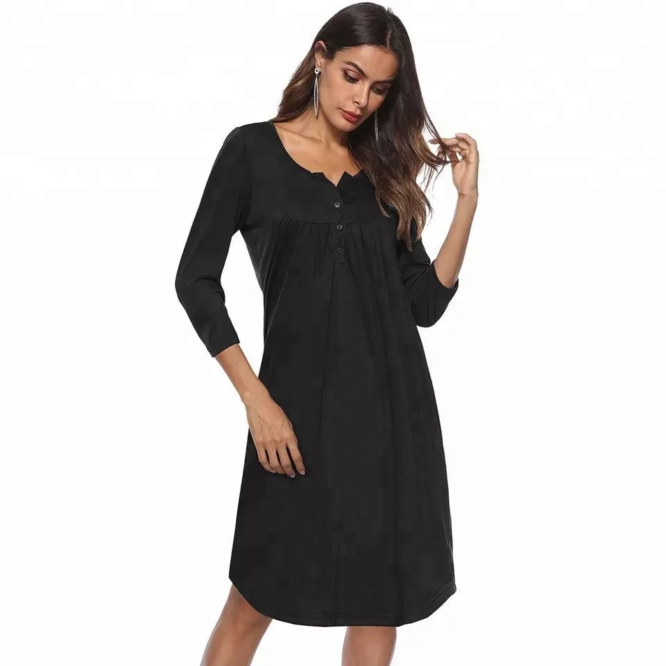 

C76 Button up baby doll dress Women Summer Dress Spring Solid Botton Three Quarter Sleeve Dress Casual Ladies Dresses Vestidos, N/a