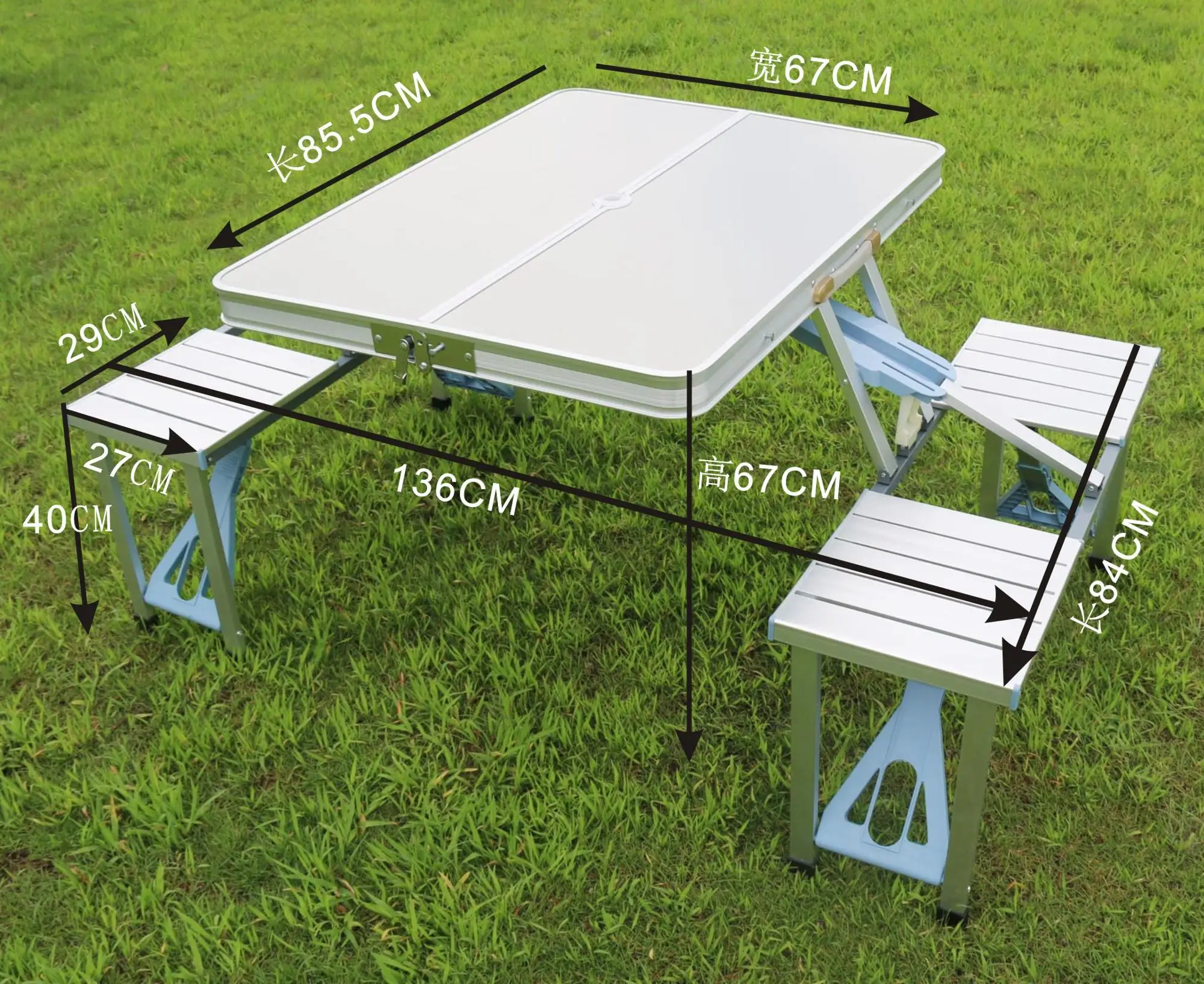 Aluminum Portable Folding Outdoor Picnic Camping Table with 4 Built In Seats 4ft Camp Beach Desk Integrated Style Two Benches