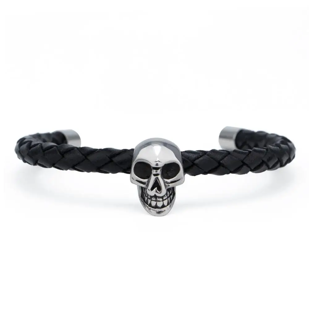 

Trendy Wholesale Mens Woven Leather Cuff Stainless Steel Skull Bracelets For Men Designs