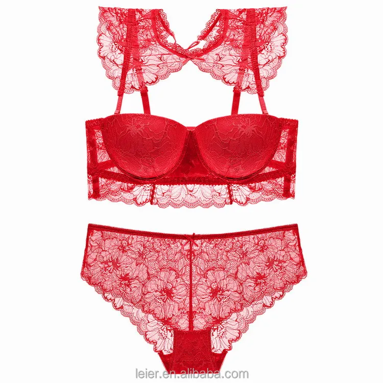 

2017 High Neck Lace push up bralette set, Red/black/white