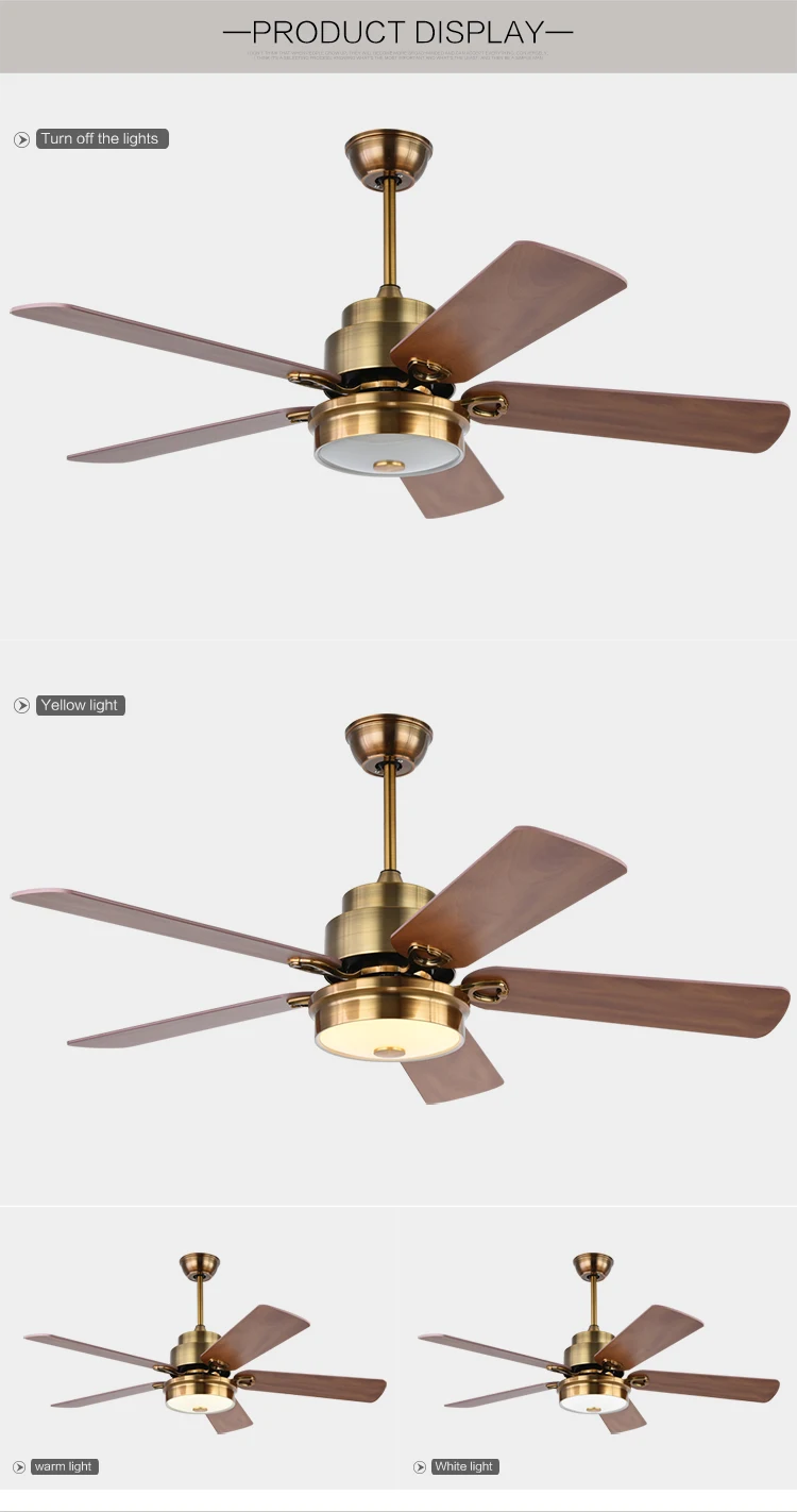 Hot sale 220v 70W indoor 52 inch wood blades vintage led light ceiling fan