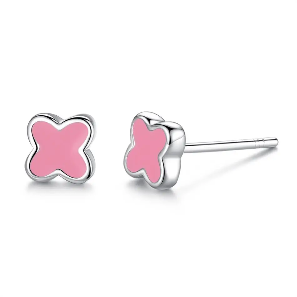 

Fashion 925 Sterling Silver Earrings Pink Enamel Lucky Clover Stud Earrings Silver Vintage Jewelry Gift For Women&Girls