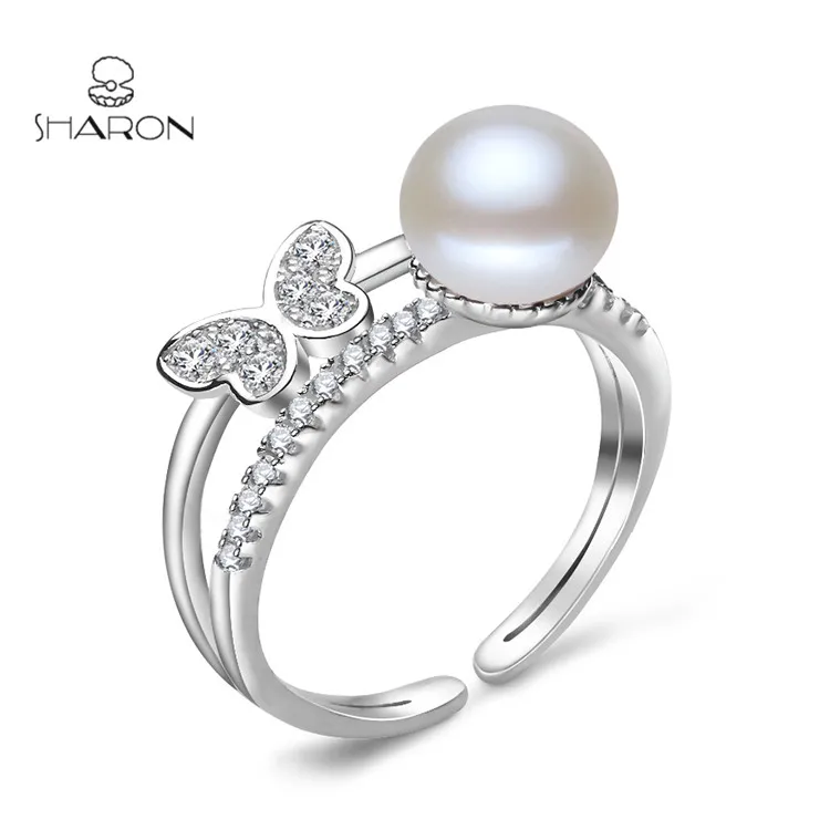 

Butterfly Pattern Freshwater Pearl Sterling Silver Adjustable Piston Ring Mountings, White gold