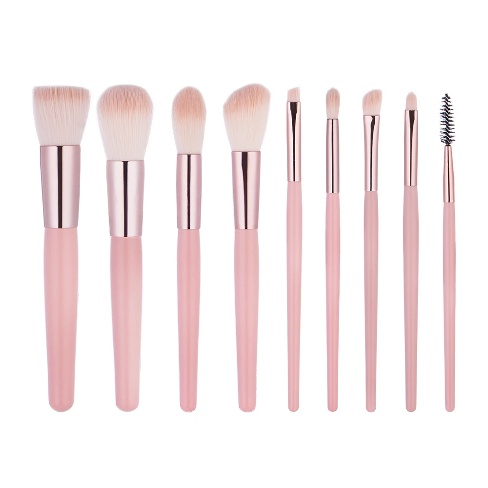 

Wholesale 9pcs Pink Makeup Brush Kit Private Label Soft Synthetic Hair Wood Handle Professional Cosmetic Brushes