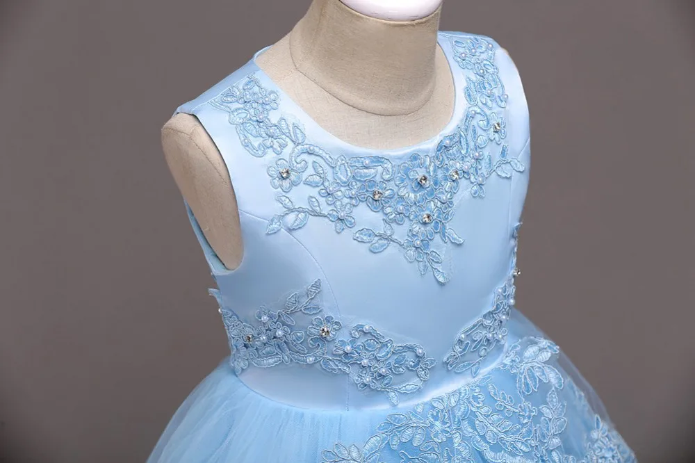 Blue Color Flower Girl Dress For 8 Years Old Princess Trailing Party ...