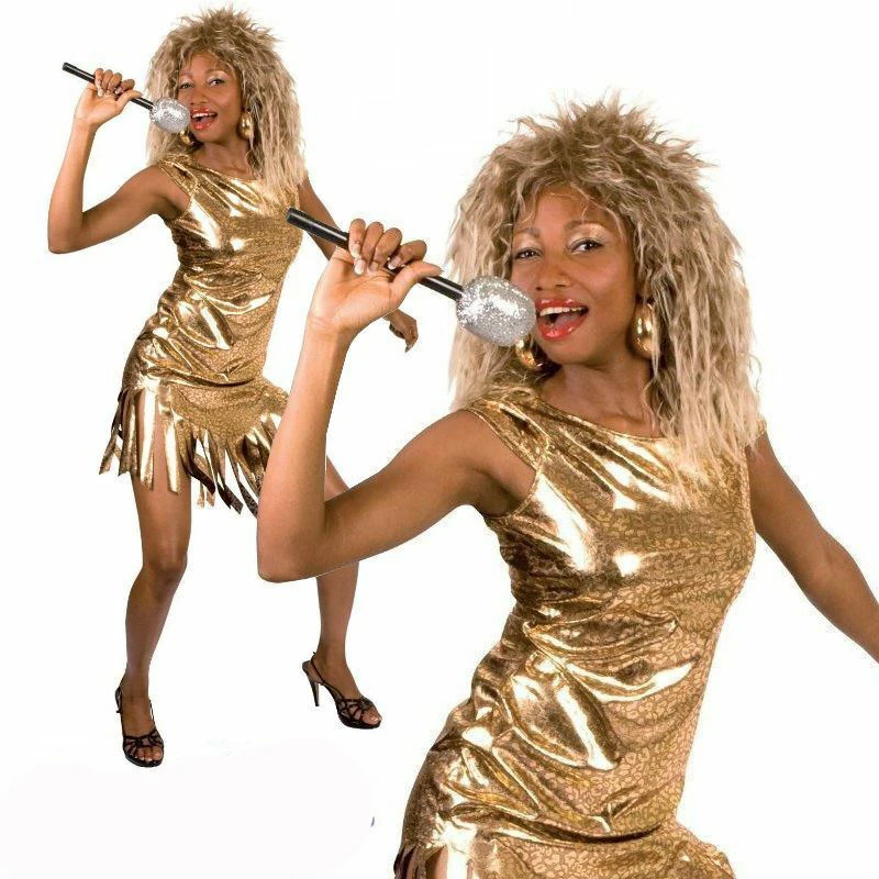 80s Rock Queen Tina Turner Wig Ladies Fancy Dress 1980s Celebrity Womens Co...