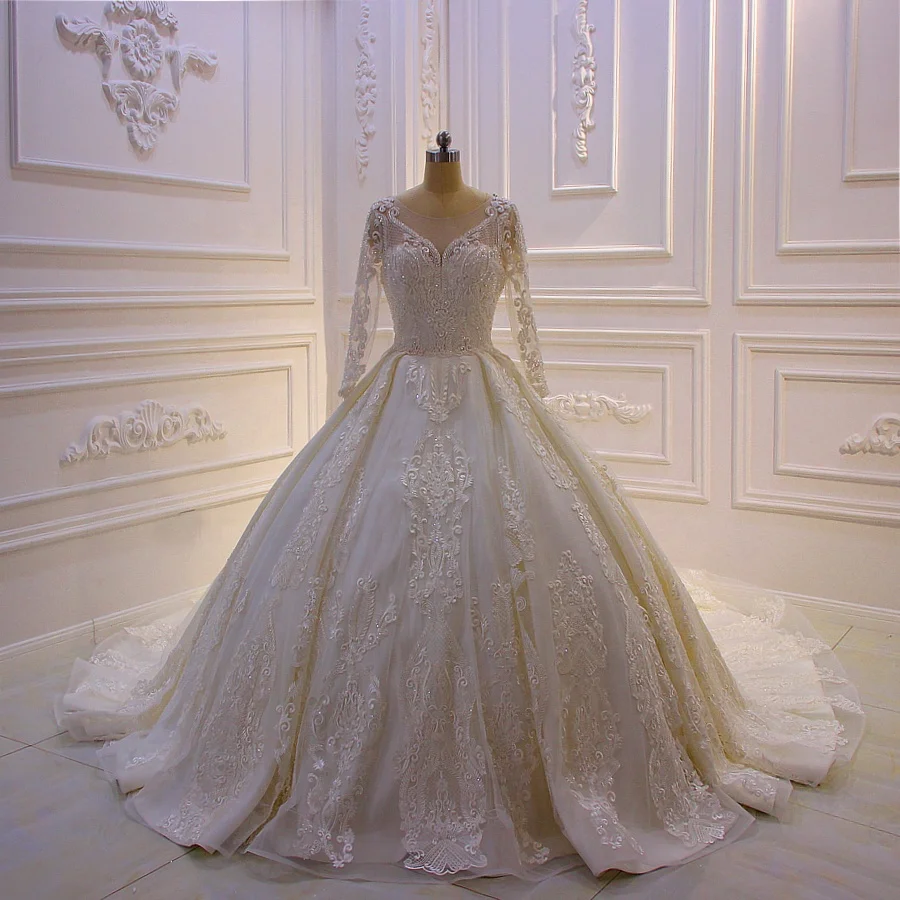 

Hot Sale Beaded Top Elegant Lace Ball Gown Long Sleeve Wedding Dress 2019