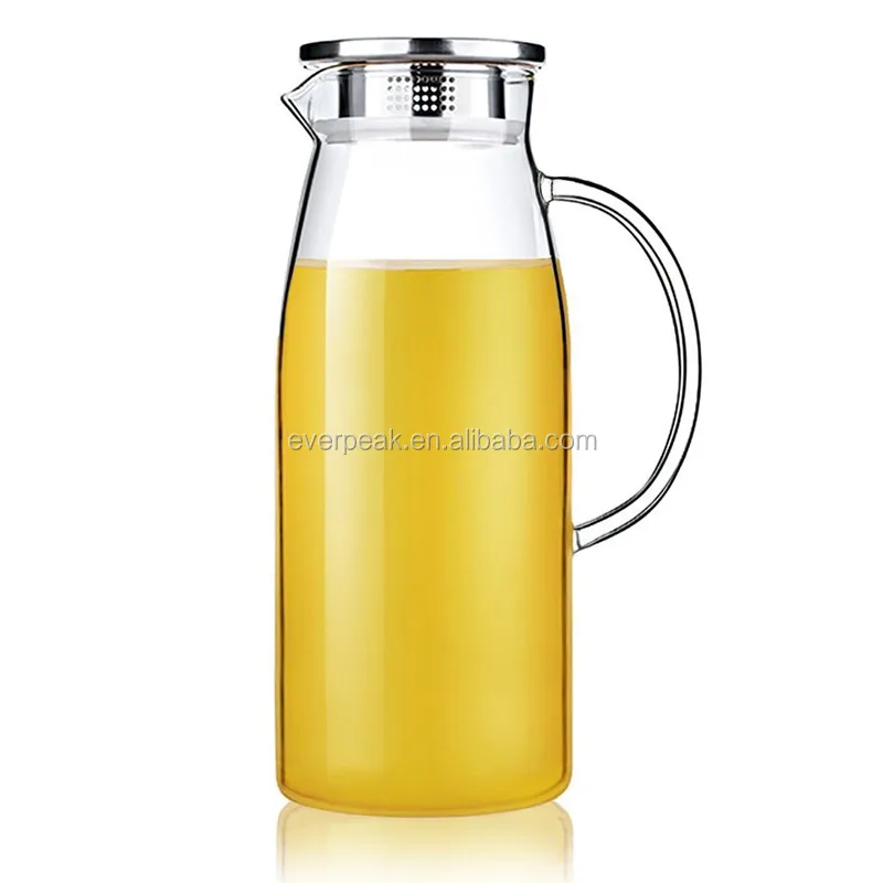 

1800ML Glass Carafe 60Oz Borosilicate Glass Kettle Iced Tea Pitcher Water Jug With Stainless Steel lid, Transparent