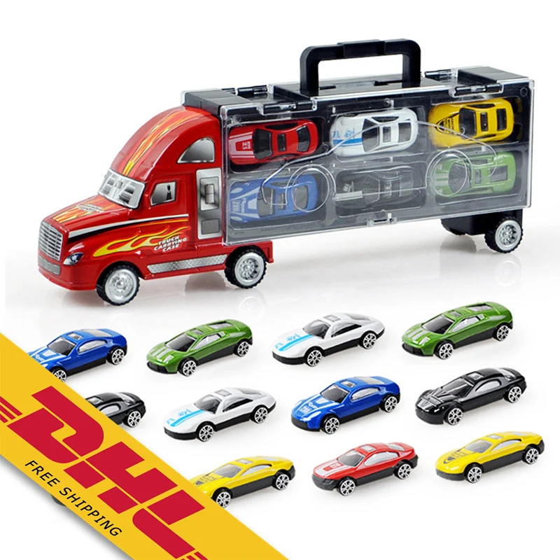 

12 in 1 Diecast Model Cars in Carrier Truck 1:36 Sliding Die Cast Casting Racing Alloy Car Play Set Toys Vehicles for Kids
