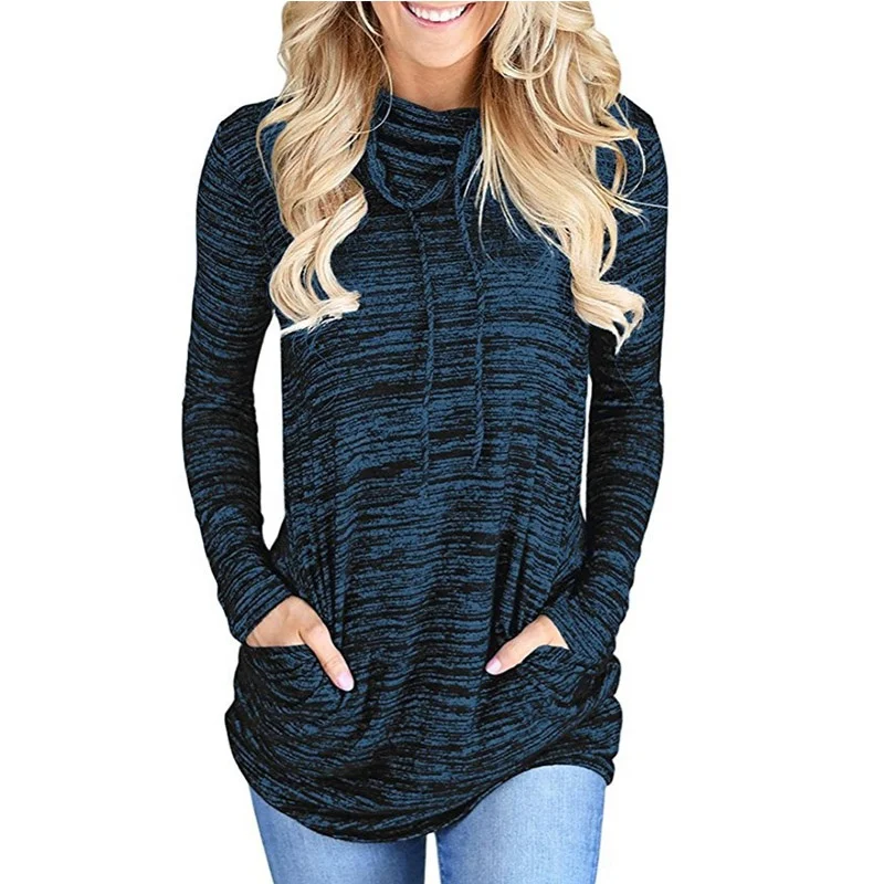 

Women Pile Collar Sweater Blank T-shirt Long Sleeve Solid Sweaters, As pic