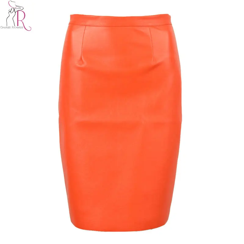 2016 Spring New Arrival PU Faux Leather High Waist Back Zipper Midi Tight Pencil Casual OL