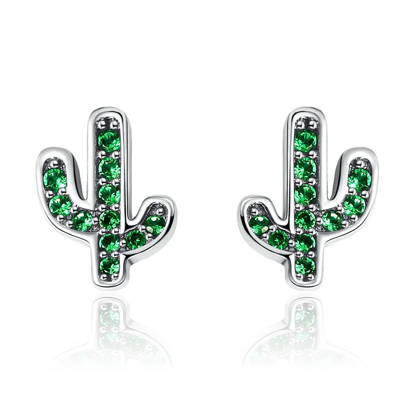 

New Trendy Plants 925 Sterling Silver Green Cactus Crystal Stud Earrings