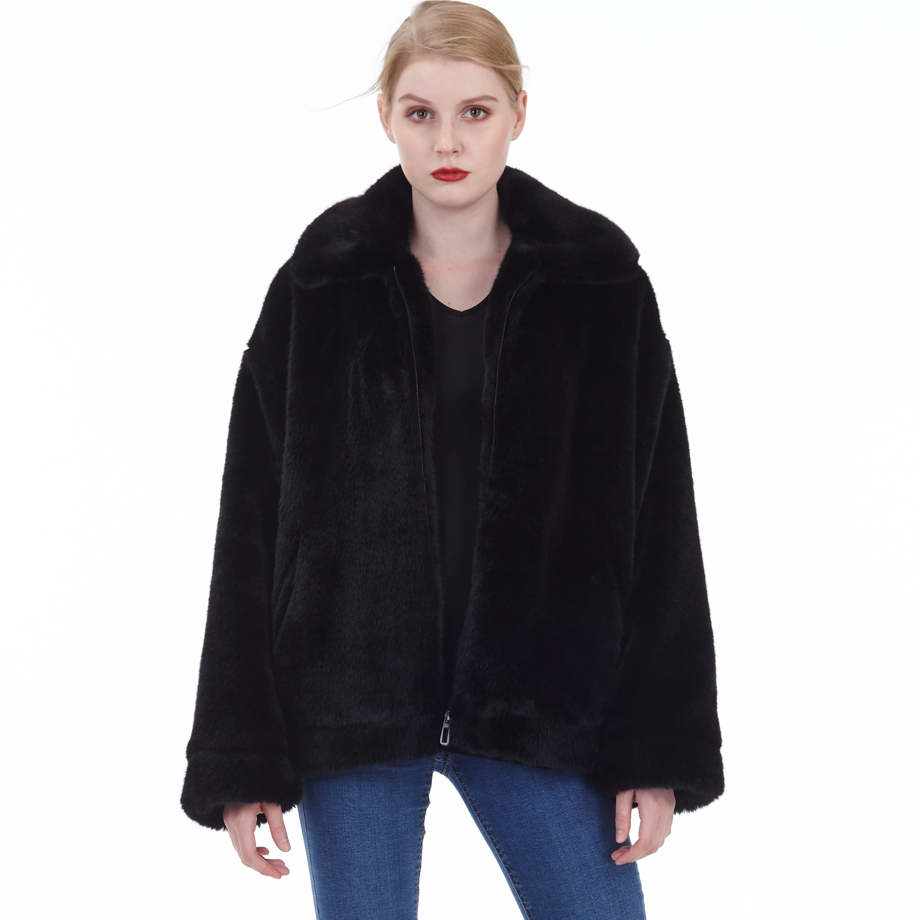 

Ladies Loose Fit Warm Comfortable Black Faux mink fur Zipper Jacket/Coat
