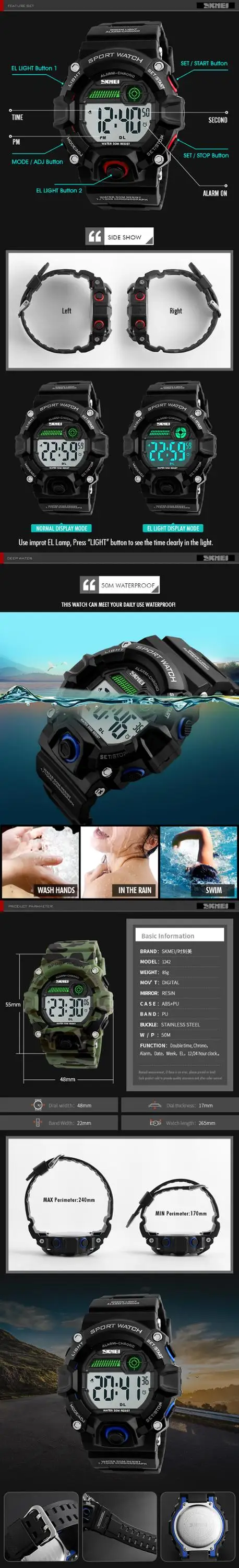 camouflage green chime every hour and alarm plastic customized logo male watch