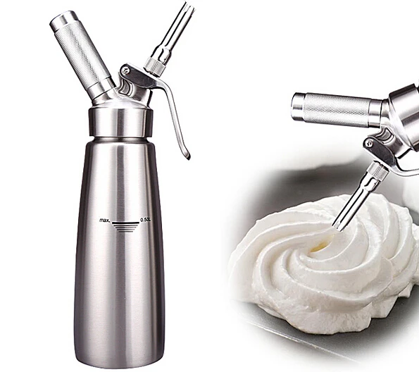 

500ml 1Pint Cream Whipper Whipped Cream Dispenser Stainless Steel Whipping Siphon with Decorating Nozzles & Cleaning Brush, Silver