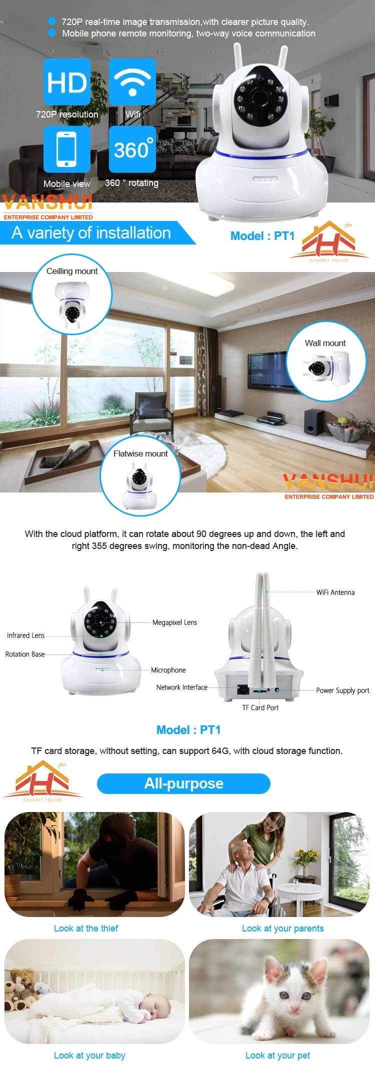 360 Degree Rotation Baby Monitor p2p wifi wireless IP Camera IR digital WDR Onvif PTZ Camera (PT1)