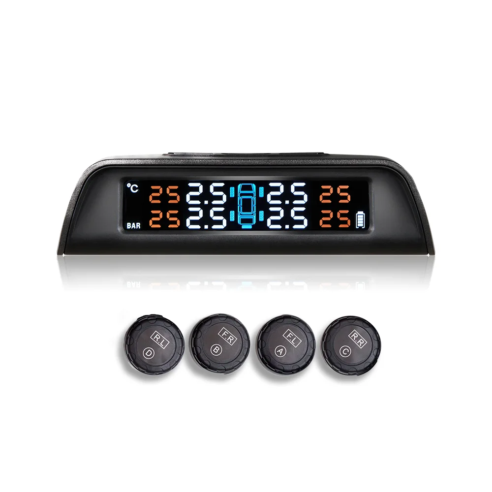 

Wireless Solar Tire Pressure Monitoring System External TPMS with 4 Sensor and Replaceable Battery for Universal Cars