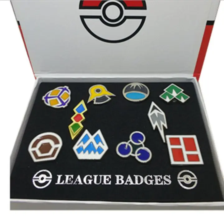 

metal pin Pokemon Badges Kanto Johto Hoenn Sinnoh Unova Kalos League Region Brooches with gift box Pokemon Cosplay Accessories