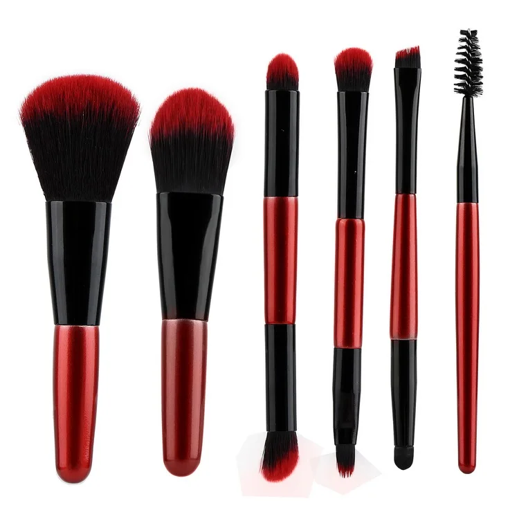 

6 Pieces High Quality New Learners Wine Red Color Wooden Handle Portable Double Headed Makeup Brush Set, As pics