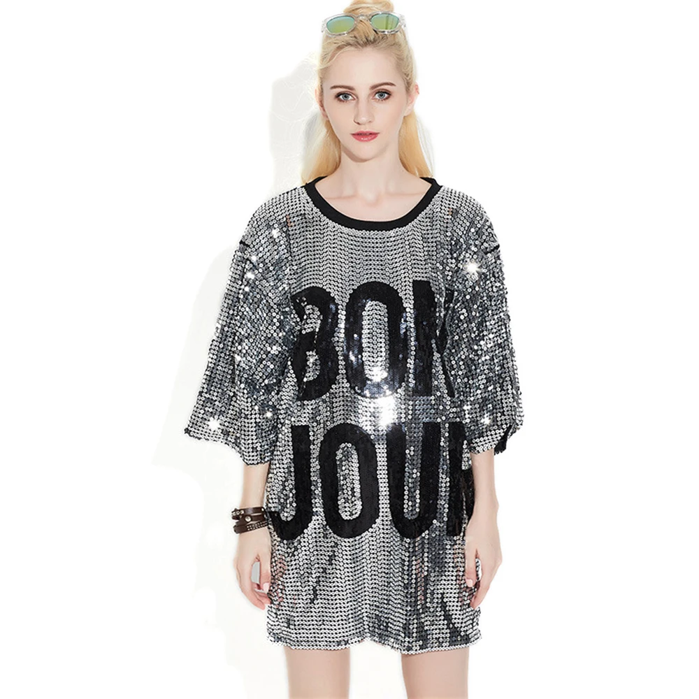 Half Sleeve Dance Performance Women Bling Bling Glitter Loose  Club Sequined Blank T- Shirt Dresses