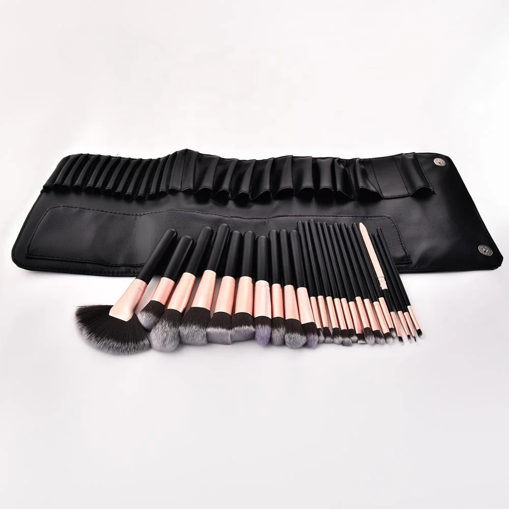 

2019 New design custom logo Synthetic hair 24pcs makeup brush set black cosmetic handle black PU bag, Golden;black;red;orange;any optional is welcome