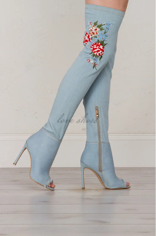 denim over the knee peep toe boots