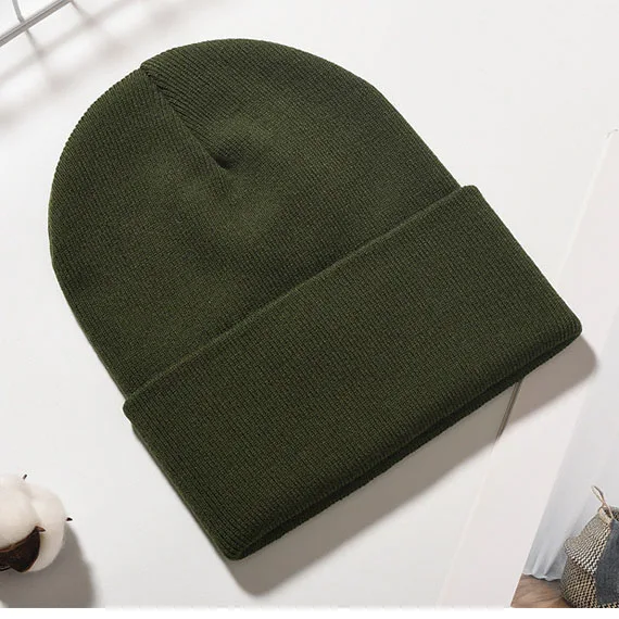 
High quality cheap long ribbed acrylic cuffed plain custom knitted beanie with woven label 