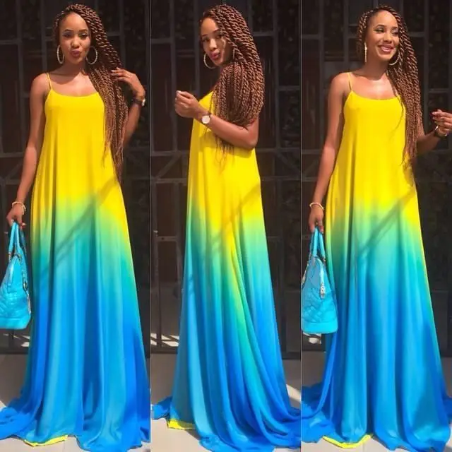 F20127A Latest fashion dress maxi evening dress for women 2019 gradient color spaghetti strap long dress