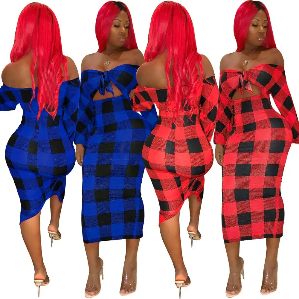 

FM-MQ3581 Fashion 2019 New Model one piece dress Casual Dresses plaid dress around the chest, Red;blue