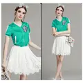 crop top and skirt set women two piece outfits short sleeve cactus embroidery green jacket white