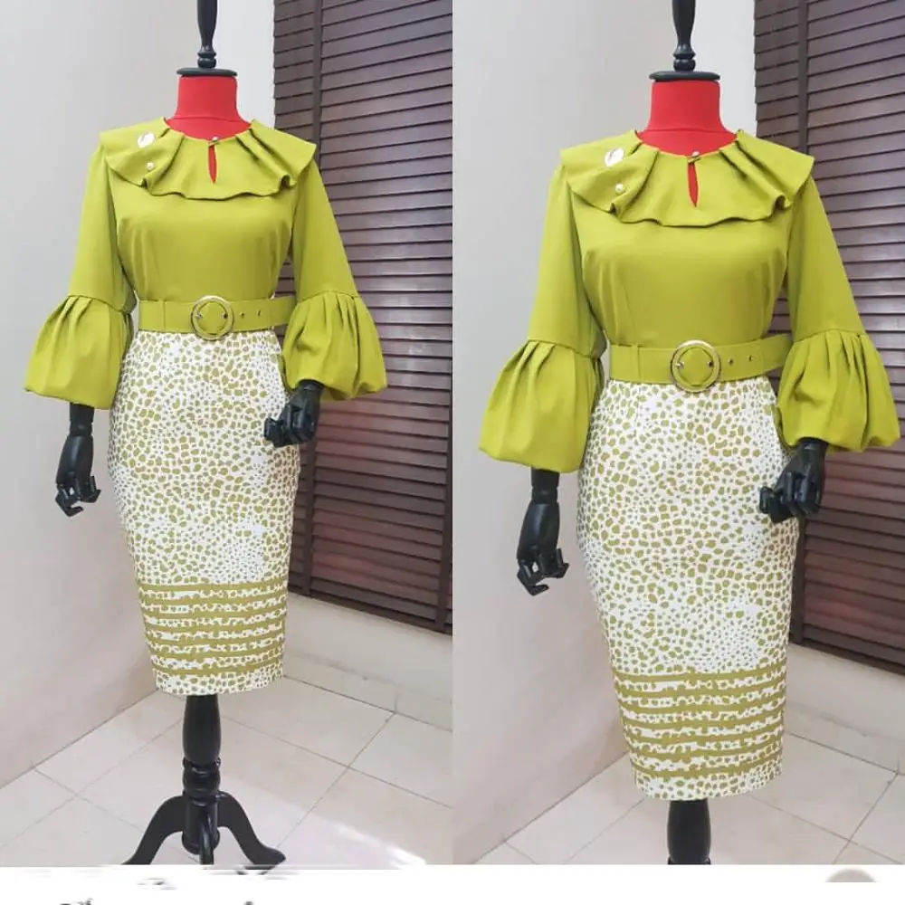 A6039 Large lotus leaf collar lantern sleeves ropa mujer irregular leopard point print dress Lemon Green African women clothing